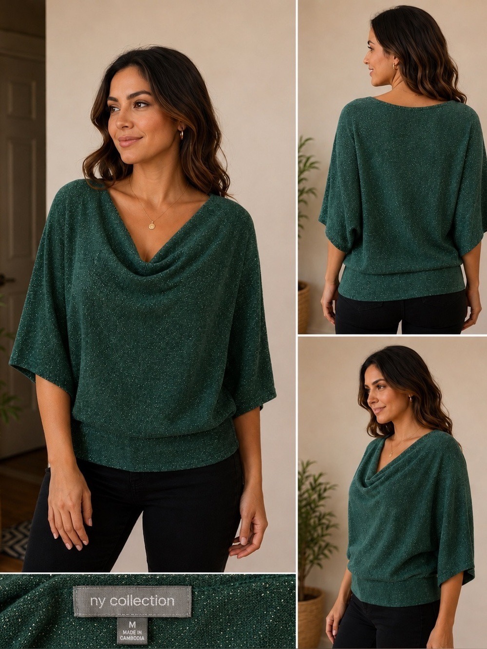 NY Collection Shimmer Knit Dolman Sleeve Top Size Medium Green Metallic